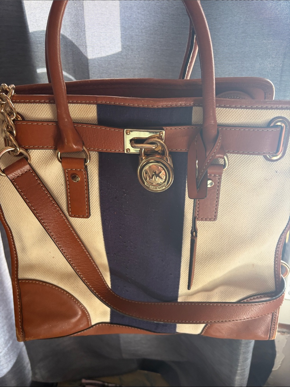 Michael Kors Canvas Tote with Leather Trim - Navy & Cream